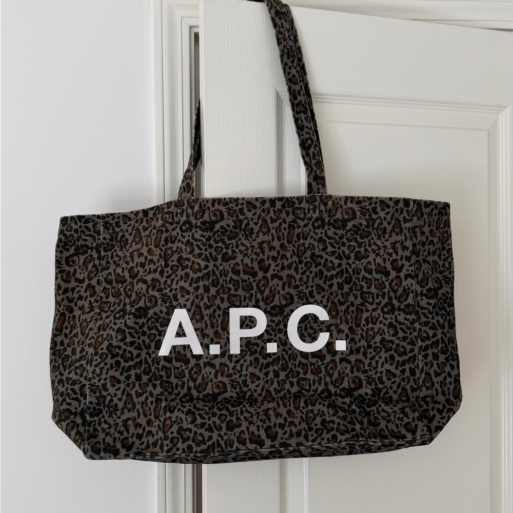 A.P.C. Leopard Print Diane Canvas Tote Bag in Khaki Green